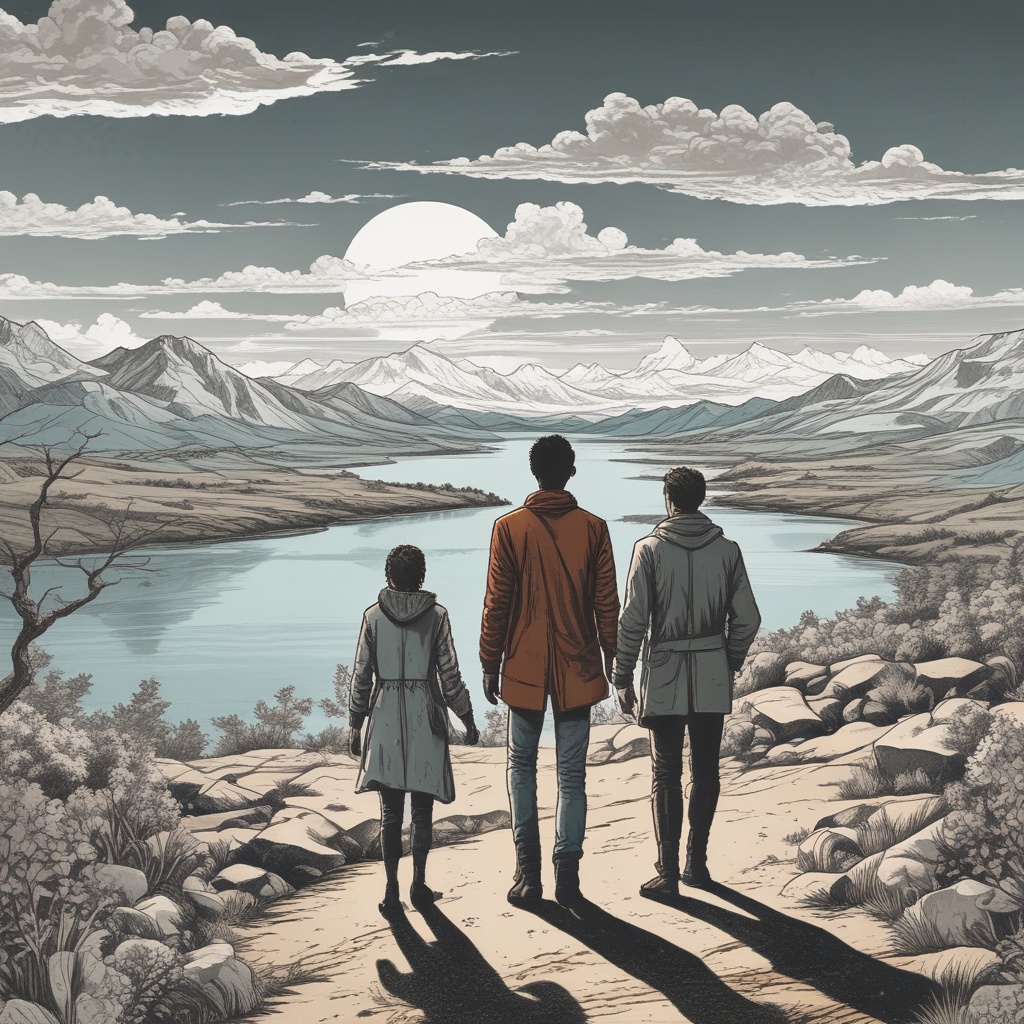An illustrative portrayal of two individuals with a scenic background